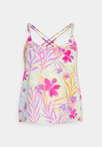 Top de flores com alças cruzadas, apresentando um fundo azul claro, flores vibrantes em rosa, laranja e roxo, e uma textura de tecido suave.