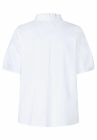 Blouse blanche à manches courtes avec un col plissé, présentant une coupe droite et une texture lisse. Pas de motifs ou d'accents supplémentaires.