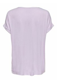 T-shirt lilas à manches courtes avec manches retroussées, design simple, tissu doux et coupe décontractée. La vue arrière révèle une texture lisse et un ourlet arrondi.