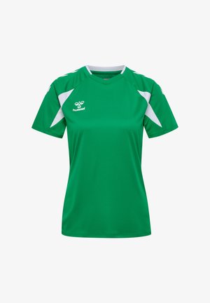 Zielona sportowa koszulka z krótkim rękawem z białymi akcentami na ramionach i bokach, z małym białym logo Hummel na piersi.