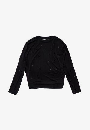 Haut noir à manches longues en tissu doux, orné de strass dispersés. Le design comprend un col rond et une coupe courte.