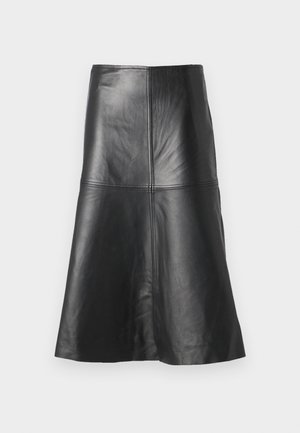 Black leather A-line skirt featuring seams and a smooth texture, tapering towards the hem. Simple design with no additional embellishments.