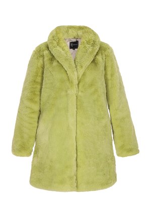 Faux fur jas in een levendig limoen groen, met een brede gesneden kraag, lange mouwen en een zachte, pluche textuur. Geen zichtbare sluitingen.