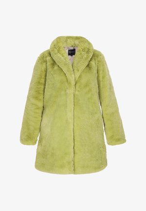 Lažni krzneni kaput u vibrantnoj limeta zeleni boji, s širokim oštrim ovratnikom, dugim rukavima i mekom, plišastom teksturom. Nema vidljivih kopčanja.