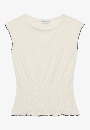 Haut blanc à manches courtes avec taille froncée, présentant un ourlet à volants et une bordure noire le long des manches pour plus de détails. Tissu doux et lisse.