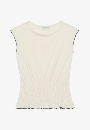 Valge lühikeste varrukatega topp, millel on kogutud vöökoht, rippuv äär ja must ääris varrukatel täiendava detailina. Pehme, sile kangas.