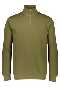 Pullover verde oliva con colletto a zip, maniche lunghe e un logo rotondo sul petto. Realizzato in tessuto testurizzato, presenta polsini e orlo a costine.