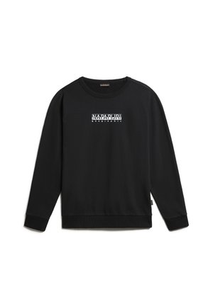 Zwarte crewneck sweatshirt met lange mouwen, geribbelde manchetten en zoom, met een witte "NAPAPIJRI geographic" logo in het midden van de borst.