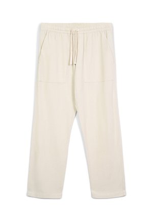 Pantaloni beige casual con cintura elastica e cordoncino, due tasche frontali, design a gamba dritta, stesi su uno sfondo bianco.