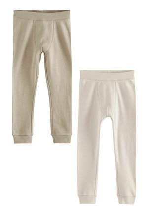 Dwie pary dopasowanych legginsów w jasnoszarym i off-white, wykonanych z materiału prążkowanego. Każda para ma miękką elastyczną talię i zwężane mankiety.