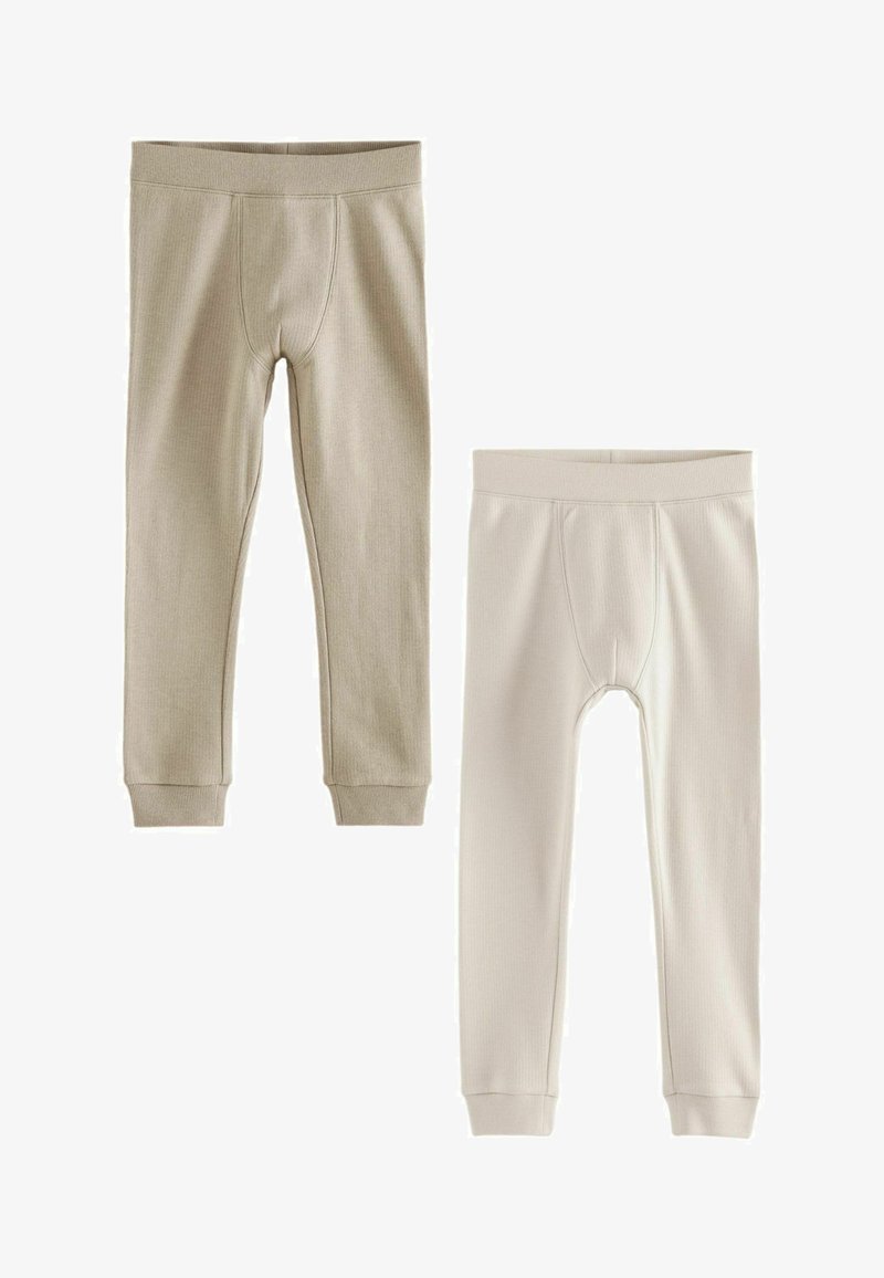 Deux paires de leggings ajustés en gris clair et blanc cassé, fabriqués en matière côtelée. Chacune présente une taille élastique douce et des poignets resserrés.