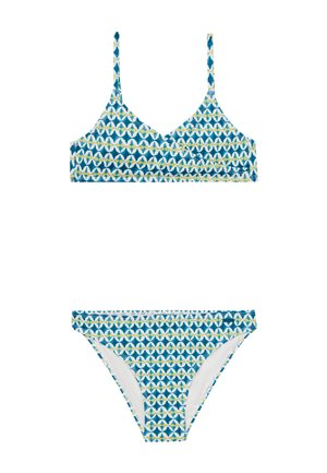 Kaksiosainen bikinit-setti, jossa on sininen kangas, jossa on valkoisia ja keltaisia geometrisia kuvioita. Hihnatyyli, pehmeä pinta ja minimaalinen peitto.