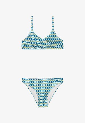 Dvojdielne bikini s modrou látkou a geometrickým vzorom v bielej a žltej farbe. Popruhový dizajn s jemnou textúrou a minimálnym krytím.