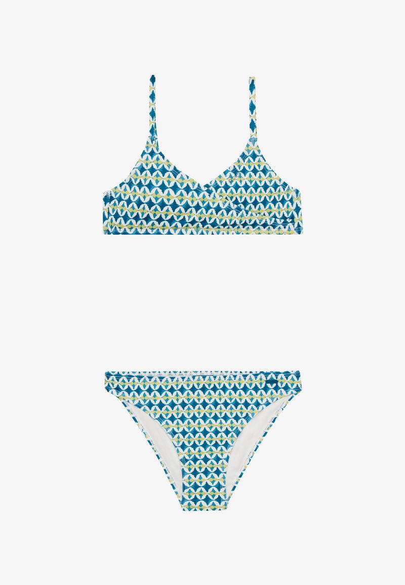 Dvodijelni bikini set od plave tkanine s geometrijskim uzorkom u bijeloj i žutoj boji. Dizajn s trakama, mekog je teksture i minimalnog prekrivanja.