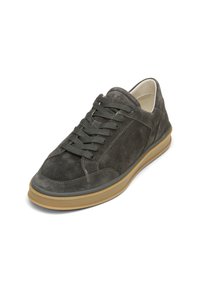 Graue Wildleder-Sneaker mit abgerundetem Zehenbereich, flachen grauen Schnürsenkeln, seitlichen Nähdetails und einer minimalistischen Sohle aus Gummimaterial.