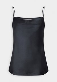Camisole noire satinée avec fines bretelles réglables, présentant une texture lisse et un ourlet droit, conçue pour une silhouette ajustée.