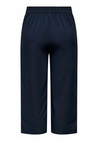 Pantalon large bleu marine raccourci avec taille élastique, en tissu léger, vu de dos.
