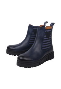 Marineblaue Leder-Stiefeletten mit elastischen seitlichen Einsätzen, die horizontale Streifen aufweisen, schwarzen Gummisohlen und Anziehhilfen für ein einfaches Anziehen.