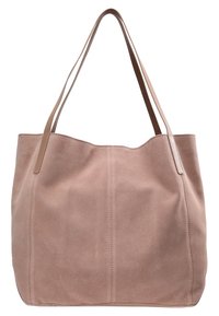 Rosa mockaim väskan med två långa, tanfärgade läderremmar, mjuk textur och minimalistisk design. Har vertikal söm detaljering på framsidan.