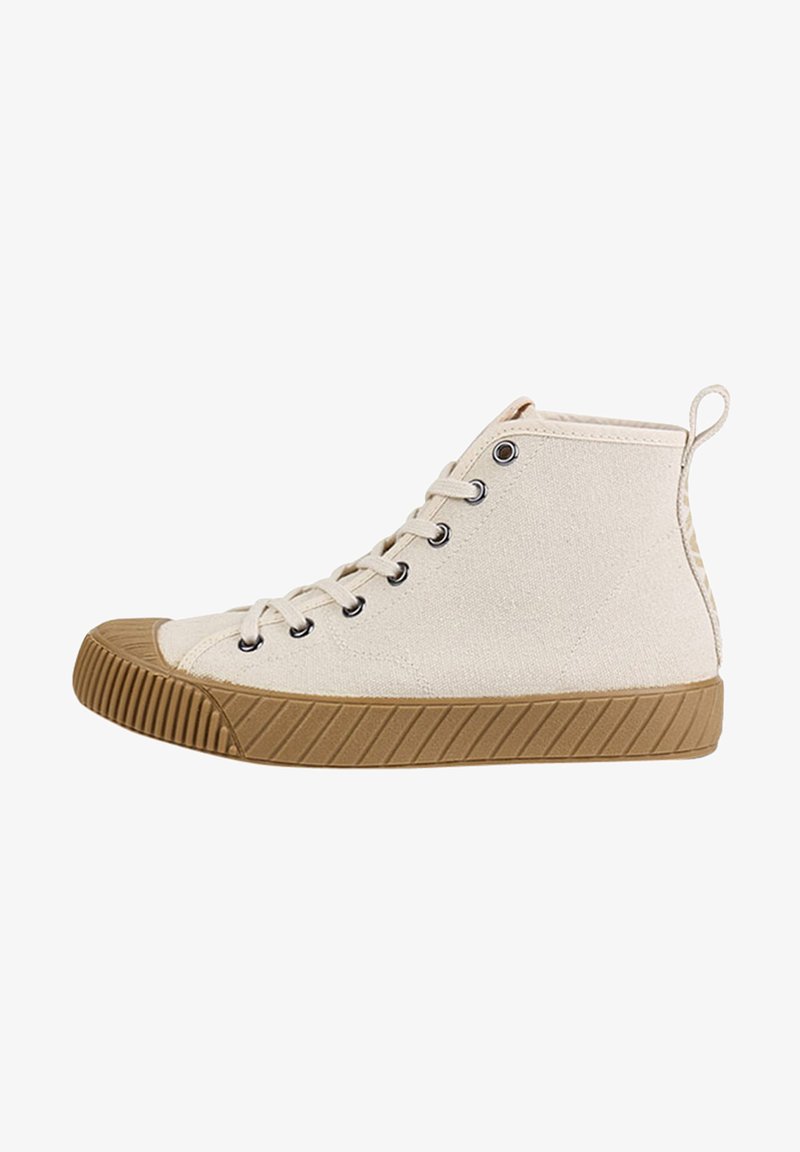 Beige High-Top-Sneaker aus Canvas mit Gummisohle. Merkmale sind eine runde Zehe, Schnürung vorne und eine strukturierte beige Sohle. Enthält eine Schlaufe zum Anziehen.