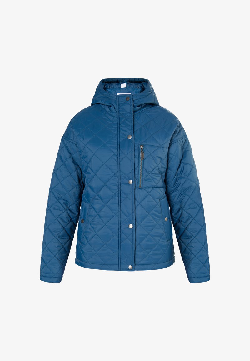 Sininen tikattu takki, jossa on huppu, etuosan nepparit ja vetoketjullinen rintatasku. Sileä pinta, jossa on koko takin läpi ulottuva timanttikuvio.