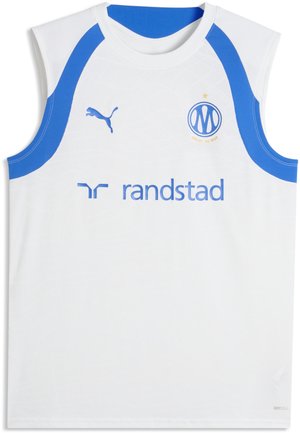 Ærmeløs hvid sportstrøje med blå skulderpaneler, Puma-logo, Marseille fodboldklubs logo og Randstad sponsorlogo på brystet.
