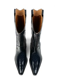 Schwarze Leder-Cowboystiefel mit spitzen Zehen, aufwendiger blauer Stickerei, glänzender Oberfläche und brauner Innenauskleidung. Schafthöhe von 15,5 cm.