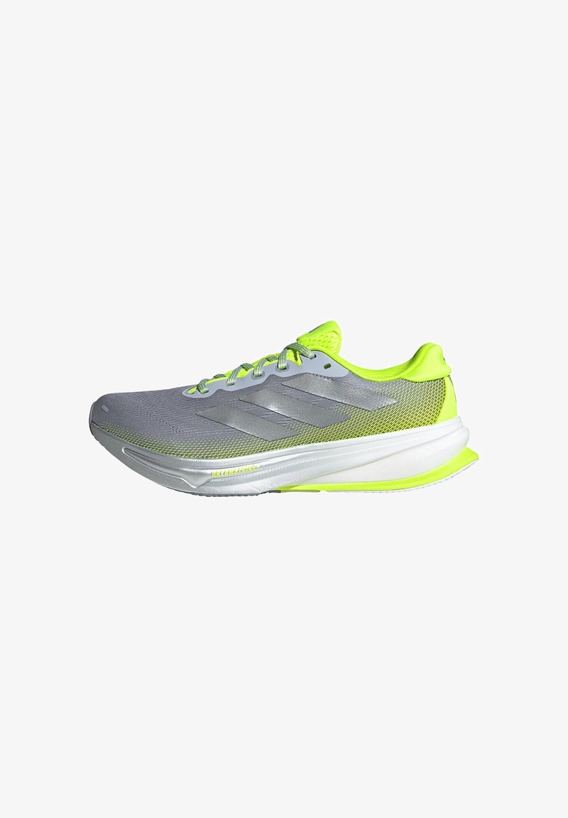 Lightweight running shoe with a gray mesh upper, fluorescent yellow accents, reflective stripes, and a cushioned white sole.
