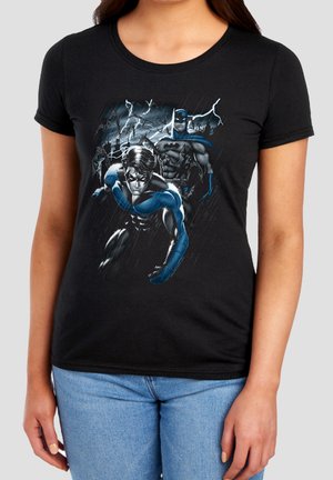 Black t-shirt with graphic of Nightwing crouching in rain and Batman standing behind with lightning and bats in the background.