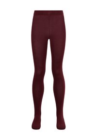 Bordowe, nieprzezroczyste rajstopy z wysokim stanem, przedstawione rozciągnięte na białym tle.