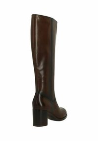 Brauner kniehoher Stiefel aus Leder mit abgerundeter Spitze, mittelhohem Blockabsatz, glatter Textur und dezenten Nahtdetails entlang des Schafts.