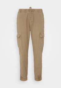Khaki cargo kalhoty s elastickým pasem a stahovací šňůrkou, s bočními kapsami, zúženými manžetami a lehkým tkaným materiálem.