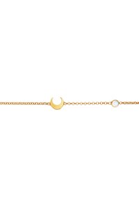 Gold chain bracelet featuring a crescent moon and a round opalescent stone. The design has a delicate, minimalist appearance.