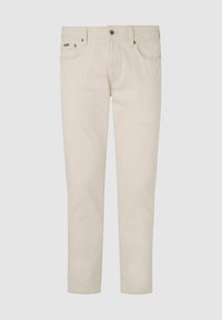Pantalon slim beige clair avec poches avant, fermeture à boutons et passants de ceinture, présenté sur un fond uni.