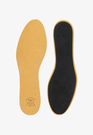Two insoles displayed: one in yellow leather with perforations, the other in black, both with brown edges and branded at the bottom.