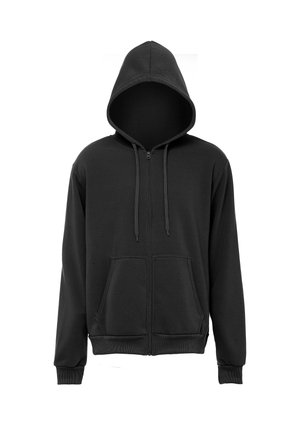 Schwarzer Kapuzenpullover mit Reißverschluss, Fronttaschen und Kordeln, dargestellt auf weißem Hintergrund.