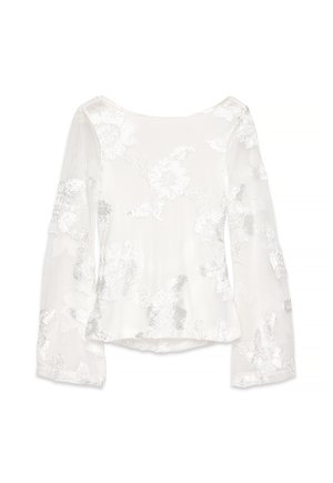 White blouse with long, sheer sleeves, featuring floral embroidery in silver. Lightweight, featuring a round neckline and an A-line shape.