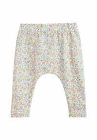 Kerged, pastellivärvilised püksid lillemustriga, kus on roosa, kollase ja sinise õiega; elastne vöökoht; kitsenev lõige.