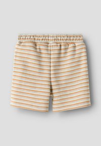 Shorts rayés blancs et orange, dotés d'une taille élastique, d'une texture douce et d'un design simple et droit.