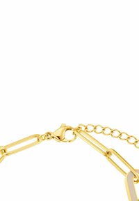 Bracciale in oro con maglie allungate e chiusura a moschettone, caratterizzato da una finitura texturizzata e una piccola catena di estensione per la regolazione.