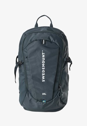 Donkergrijze 20L wandelrugzak met "Swedemount"-branding, meerdere ritssluitingsvakken, verstelbare zijkoordjes en een draaggreep bovenop.
