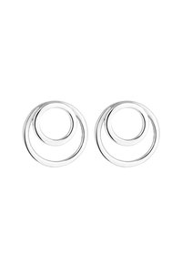 Orecchini in tono argento con design circolari intrecciati di diverse dimensioni. Finitura liscia e lucida, superficie riflettente, stile minimalista.