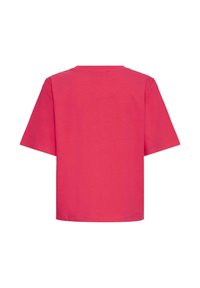 T-shirt uni rose vif à manches courtes et col rond, vu de dos, avec un ourlet droit et des détails de couture simples.
