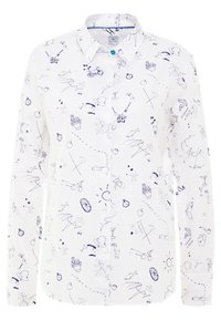 Camicia bianca a maniche lunghe con colletto classico, caratterizzata da un motivo di scarabocchi blu che raffigura vari oggetti, realizzata in tessuto leggero.