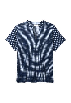 Chemise bleu marine à manches courtes avec un motif à carreaux blancs et une petite ouverture en V au niveau du col.