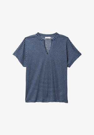 Chemise bleu marine à manches courtes avec un motif à carreaux blancs et une petite ouverture en V au niveau du col.