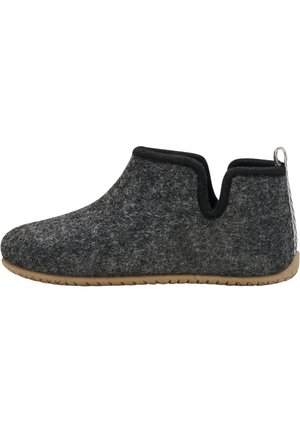 Soft gray felt slip-on shoe with black trim, low ankle cut, and textured brown rubber sole, viewed from the side.