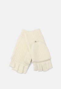 Creme fingerlöse handsker med ribbet tekstur og en matchende strikket hue. Handskerne har en dekorativ knapdetalje på huen.