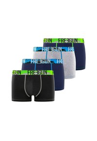 Quatre paires de boxers pour hommes : noir, bleu marine, gris et bleu. Chaque paire est dotée d'une taille élastique contrastante avec le logo "FREEGUN".