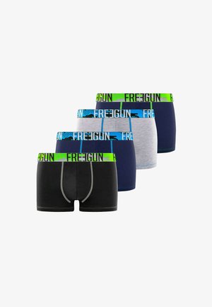 Quatre paires de boxers pour hommes : noir, bleu marine, gris et bleu. Chaque paire est dotée d'une taille élastique contrastante avec le logo "FREEGUN".